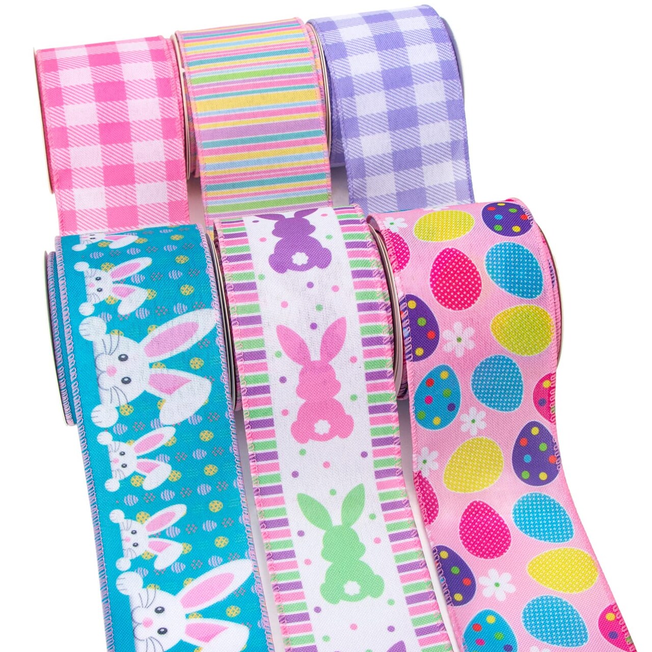Easter Ribbon Wired-Easter Bunny/Eggs/Colorful Stripe/Pink and Purple Check Burlap Ribbon 2-1/2 Inch Total 90 Feets(30 Yards) 6 Rolls Spring Ribbon for Crafts Wreaths Wrapping Outdoor Decor